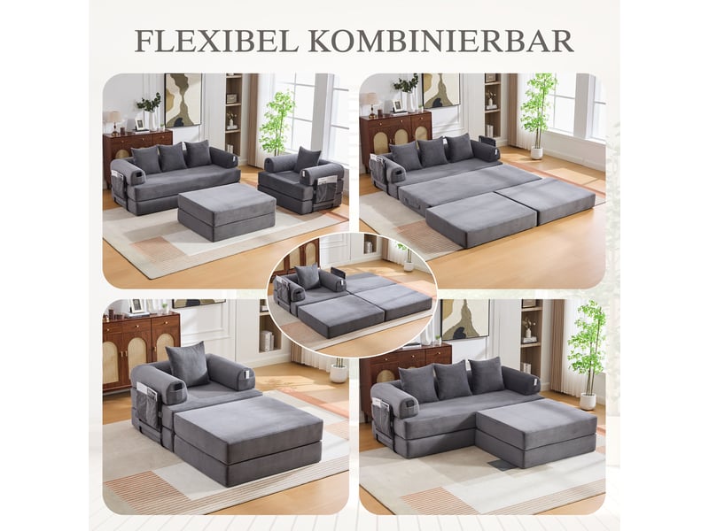 Canapé modulable, canapé 4 places — mousse haute densité, en velours tricoté, avec pouf, poches latérales - Conforama E