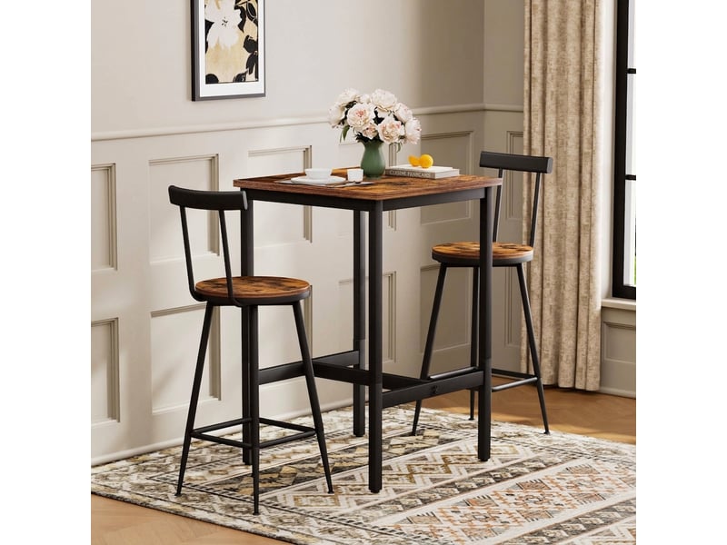  Ensemble table de bar 60x60x92 cm et 2 tabourets avec dossier, style industriel marron rustique  - Conforama E