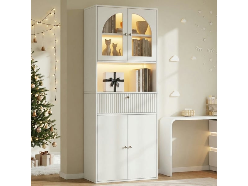 Vitrine avec tiroirs et éclairage led contrôlé par application mobile pour salon en mdf et verre blanc 70×35×180 cm - Conforama C