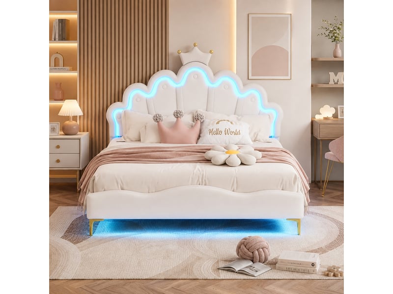 Lit princesse 140x190 cm, lit enfant rembourré avec led et sommier, lit fille avec avec tête de lit en forme de couronne, lit 2 places avec tête de lit réglable, pu, blanc - Conforama W