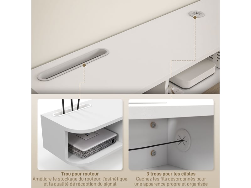  Meuble tv mural banc tv jusqu'à 50 pouces avec armoire à porte rabattable blanc et compartiments ouverts  - Conforama W