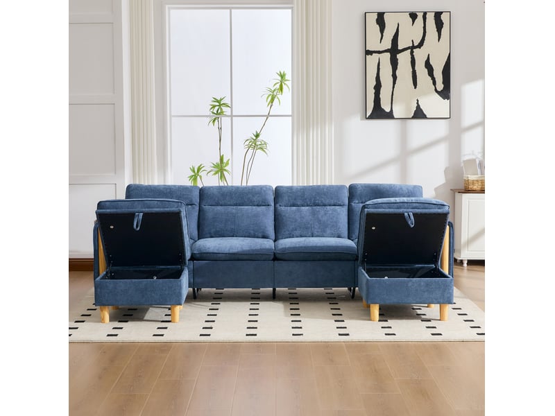  Canapé droit 4 pl 261x77x86 cm poches latérales et pieds en bois, avec 2 poufs de rangement, tissu chenille bleu, pour le salon  - Conforama E