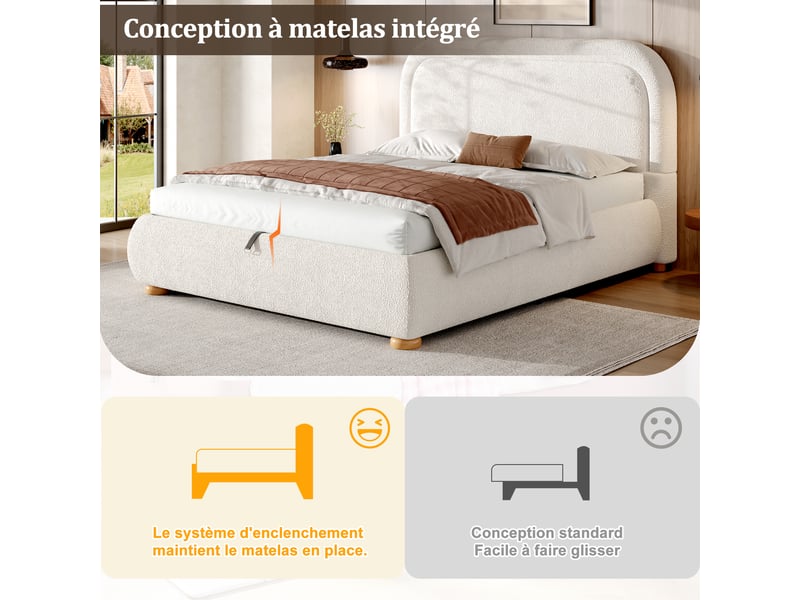  Lit double capitonné 160x200 cm, lit fonctionnel hydraulique avec sommier à lattes, blanc, tête de lit et grand espace de rangement  - Conforama E