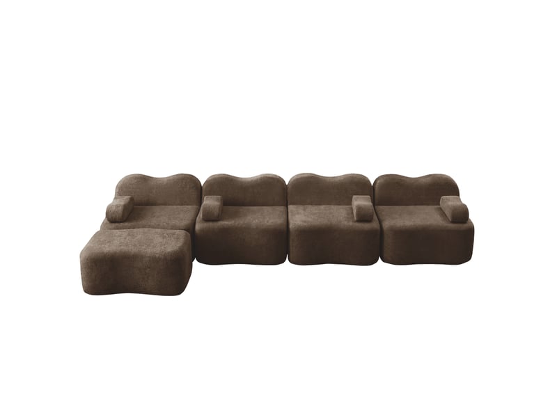  Canapé d'angle modulable ulevr 4 places avec pouf, 384 x 167 cm, velours marron, forme vague  - Conforama A