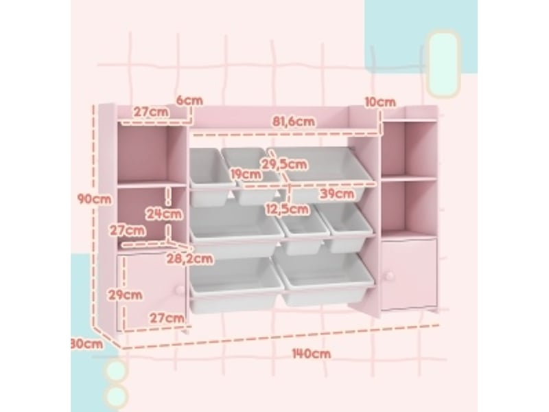  Meuble de rangement enfant 140x30x90 cm rose en mdf et métal, 8 boîtes amovibles pour jouets et livres  - Conforama C