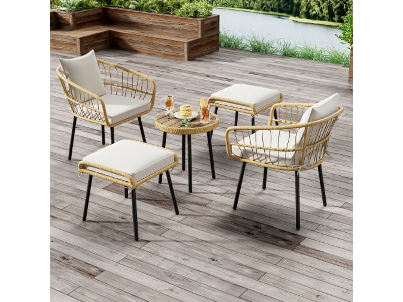  Salon de jardin bas 5p résine tressée naturelle, table + 2 fauteuils + 2 tabourets – aapaas  - Conforama B