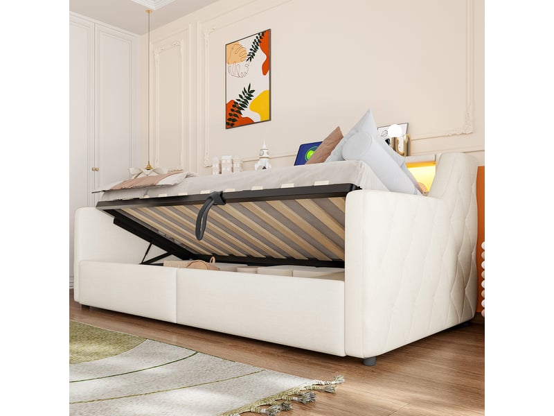  Lit coffre 90x200 cm, lit enfant, couchage d'appoint, rangement hydraulique, led, usb et usb-c, lin beige  - Conforama E