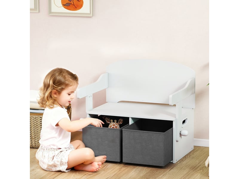  Coffre à jouet enfant 3 en 1, ensemble table et chaises avec 2 bacs en tissu amovibles, blanc, 67,5 x 46,5 x 56,7 cm  - Conforama D