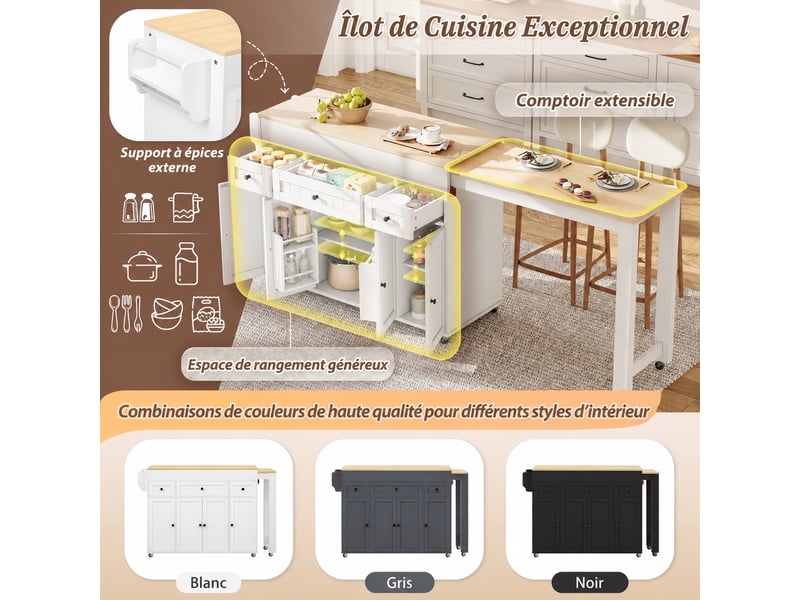  Îlot de cuisine blanc sur roulettes muvano, plateau extensible, 3 tiroirs, 137 × 45,2 × 92 cm  - Conforama R