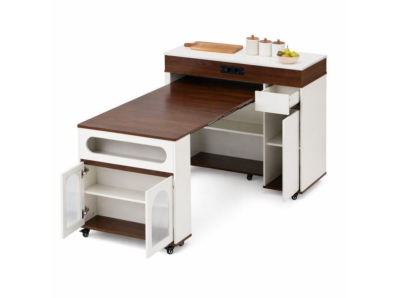  Îlot de cuisine 110.5x50.5x95.5 cm extensible à roulettes mdf blanc et noyer  - Conforama A