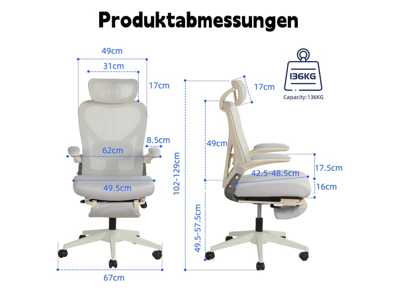  Chaise de bureau ergonomique inclinable avec appui-tête 3d - lpospi - accoudoirs rabattables, maille - gris  - Conforama D