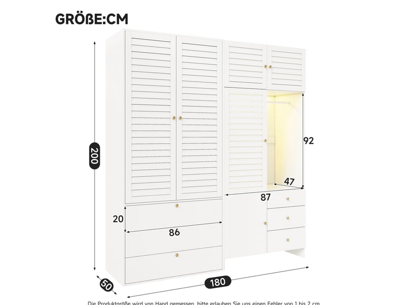 Armoire avec led, 2 penderies, panier à linge amovible et 6 tiroirs, portes à lamelles, blanche 180 × 50 × 200 cm - Conforama C