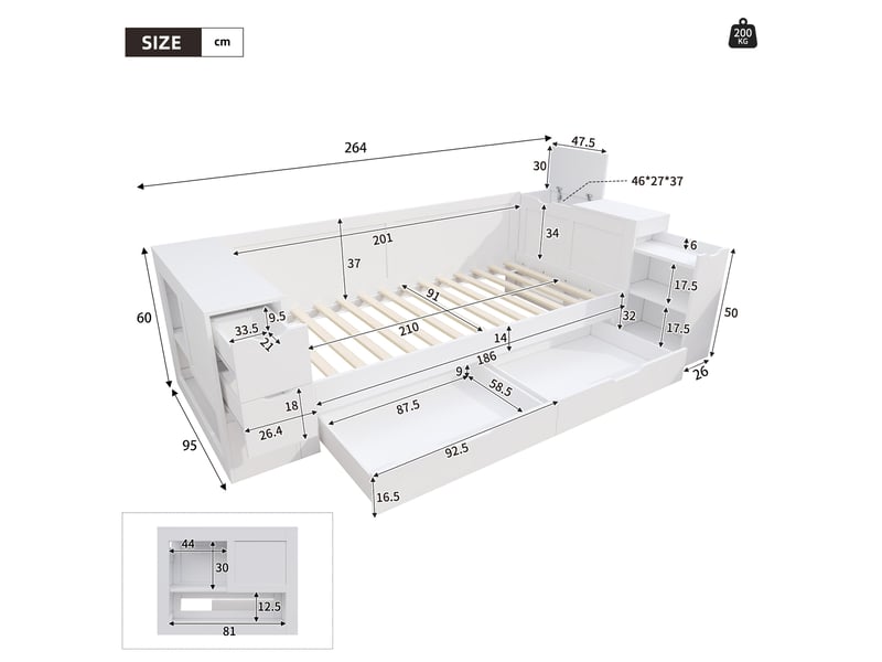  Lit simple enfant 90x200 cm – blanc – daybed avec grand tiroir, rangements et sommier inclus - sans matelas  - Conforama C