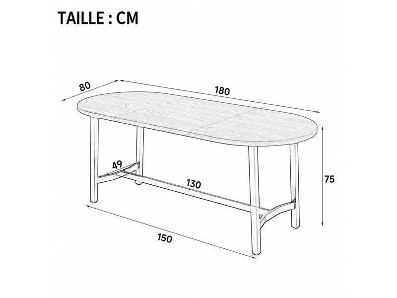  Table à manger 6 à 8 personnes avec coins arrondis - lpospi - pieds en métal mdf noir 180 × 80 × 75 cm  - Conforama E