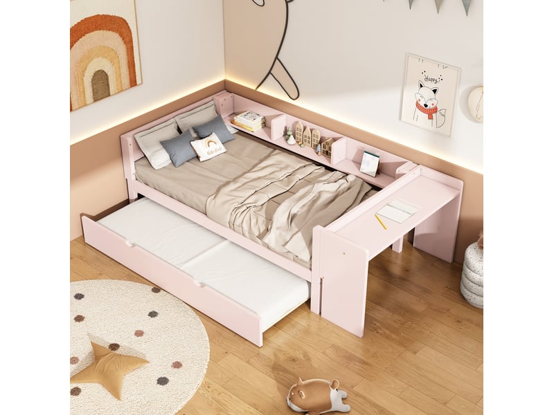  Lit enfant 90 x 200 cm avec lit gigogne, bureau et 3 étagères latérales rose  - Conforama D