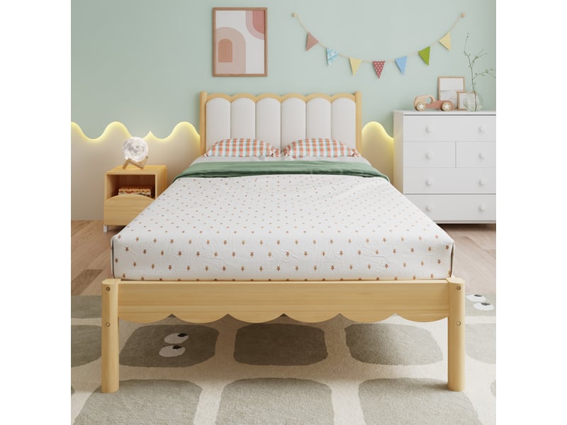 Lit enfant 90×200 cm, tête de lit rembourrée pu, cadre en bois massif, lit simple, sans matelas, naturelle et beige - Conforama C