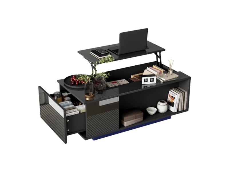 Table basse noire, table basse de salon, hauteur réglable avec rangement dissimulé, éclairage led et tiroir  - Conforama E