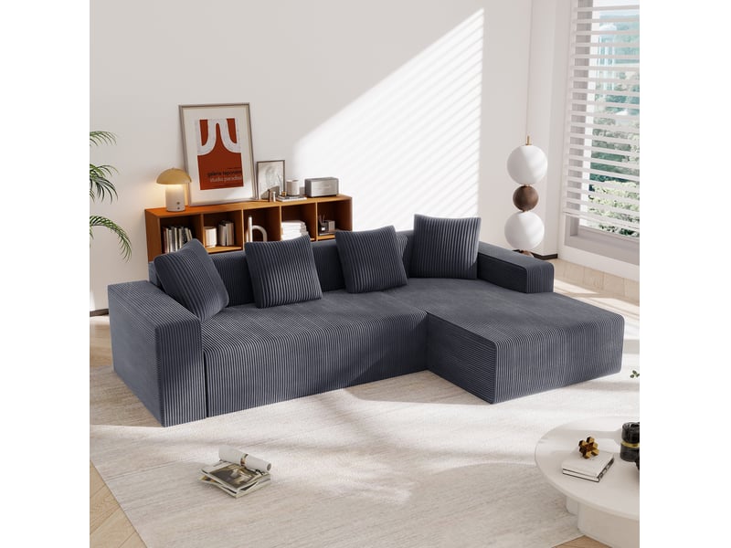  Canapé d'angle modulable 3 places en velours côtelé gris avec méridienne droite, assise profonde et 4 coussins  - Conforama E