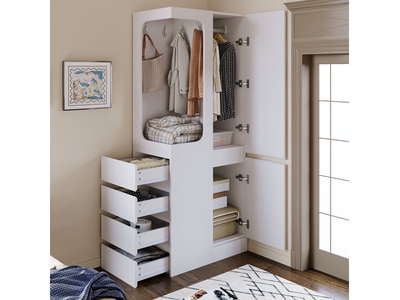 Armoire une porte avec 4 tiroirs et penderie ouverte pour chambre en pin, contreplaqué et mdf blanche 70 × 40 × 170 cm - Conforama C