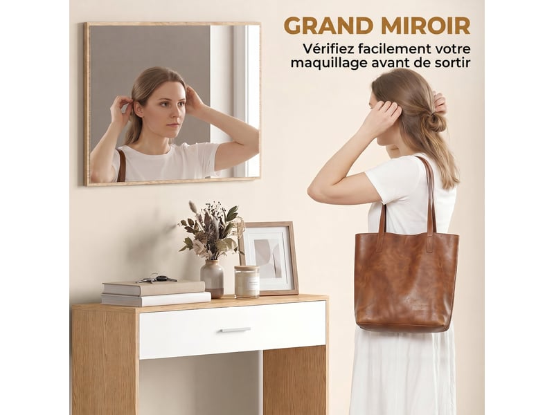  Console meuble + miroir, table console étroite avec tiroir et étagère, style moderne, chêne, 91,5 x 27,9 x 85,5 cm  - Conforama E