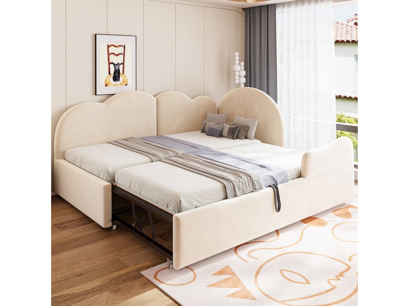  Lit superposé en l 90x200+90x190 cm, tête de lit nuage, velours beige, sans matelas  - Conforama B