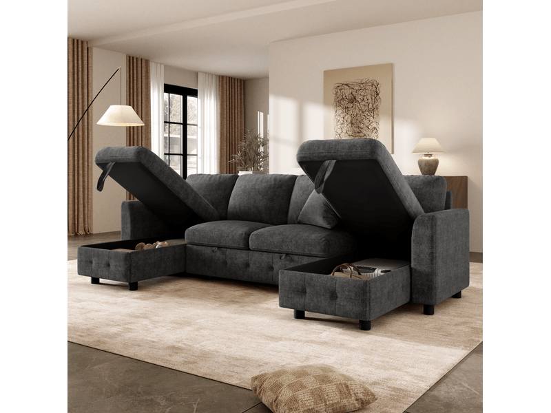  Canapé convertible en u 260x128x82 cm avec rangement en chenille gris foncé  - Conforama E