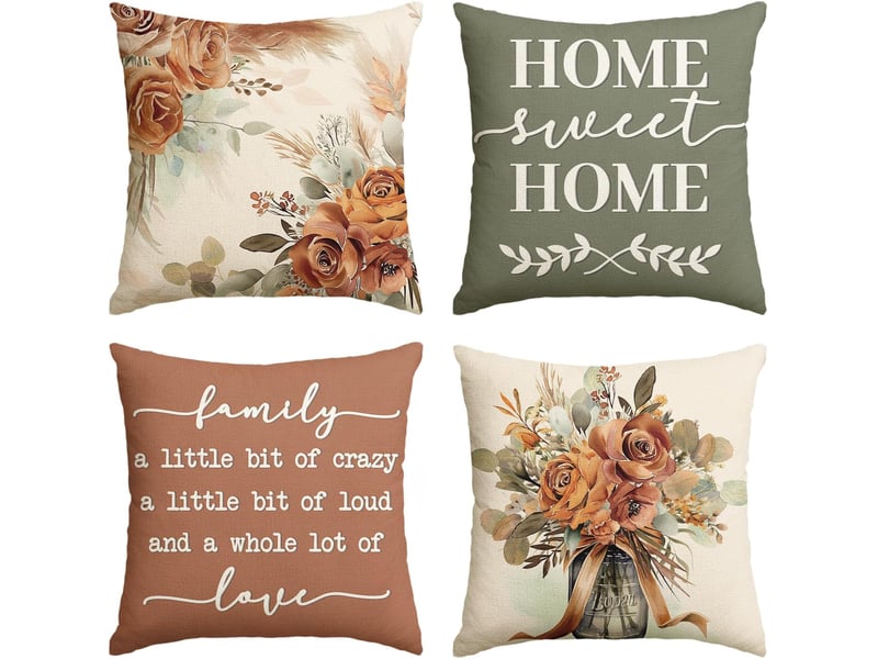  Lot de 4 housses de coussin 45x45cm, motif floral eucalyptus – tons terracotta et sauge, décoration saisonnière pour canapé  - Conforama A