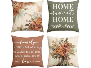 Lot de 4 housses de coussin 45x45cm, motif floral eucalyptus – tons terracotta et sauge, décoration saisonnière pour canapé