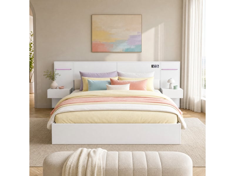  Lit double 180 x 200 cm blanc en mdf avec chevets, éclairage, usb et bluetooth  - Conforama B