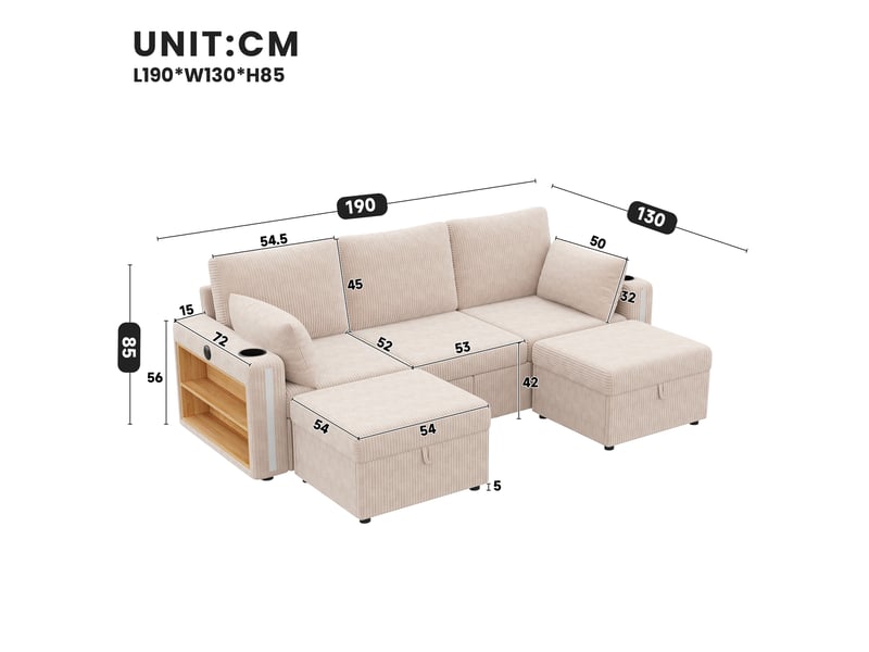  Canapé modulable en u ou l 5-6 places velours côtelé beige avec led  - Conforama B