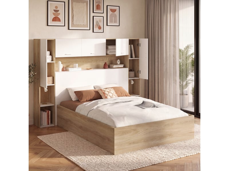  Lit pont coffre double bridget armoire avec rangements et sommier 140 x 190 cm bois et blanc  - Conforama D
