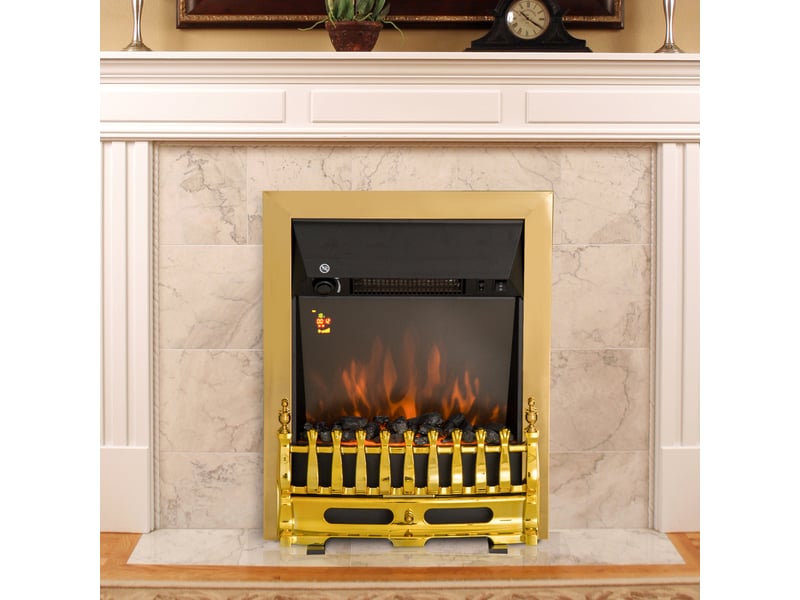  Cheminée électrique effet flamme style néo rétro, thermostat 1000 ou 2000 w, noir et doré  - Conforama C