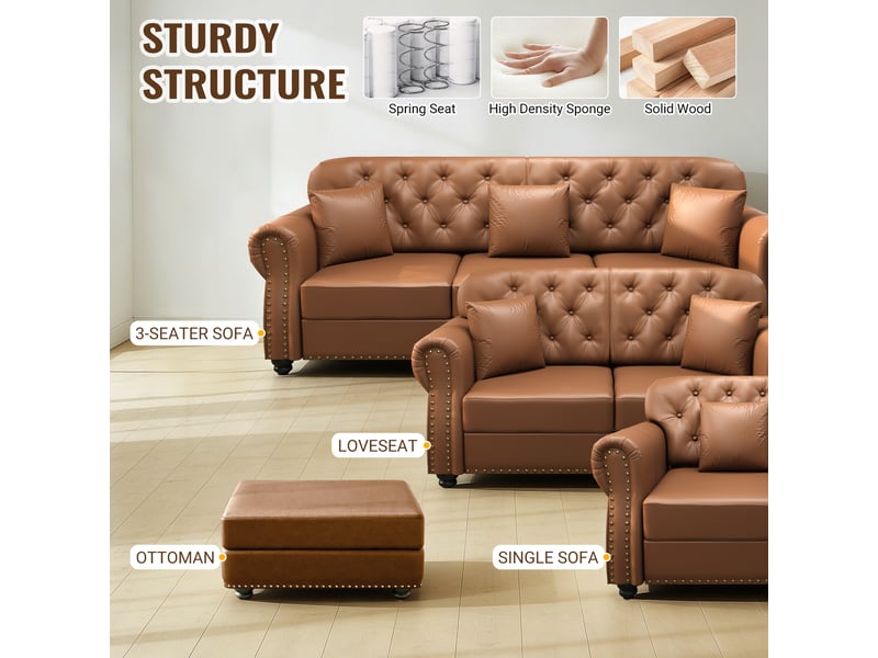  Salon chesterfield 4 places avec pouf en simili cuir marron, 210 cm Fay Lum - Conforama E