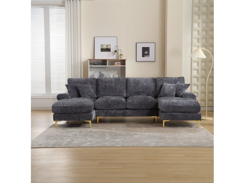  Canapé panoramique u 4 places en chenille gris avec deux méridiennes  - Conforama D