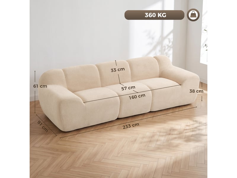  Canapé design arrondi 3 places larges accoudoirs tissu chenille beige  - Conforama C