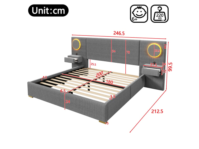  Lit pour adulte de 180 x 200 cm, avec tête de lit à led, port usb et table de chevet, en velours, gris  - Conforama C