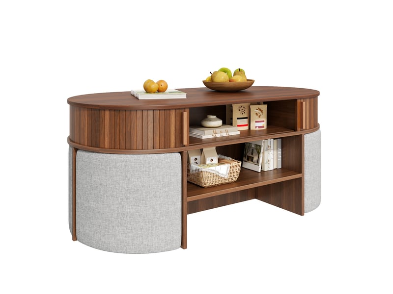  Table basse ovale avec rangement et 2 poufs en tissu, coloris noyer, 120 x 60 x 51,5 cm  - Conforama A