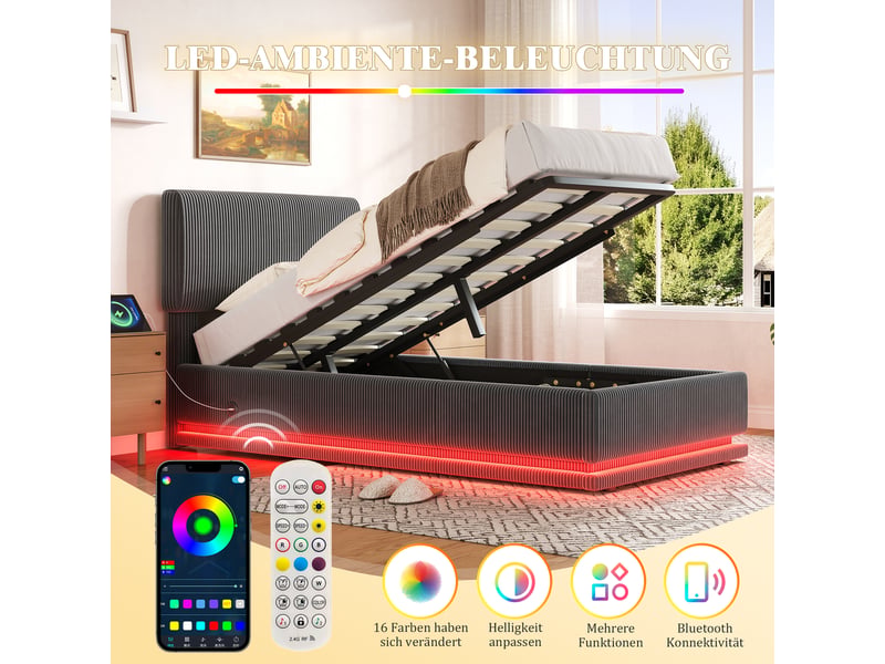  Lit rembourré led usb-c gris 90x200 cm avec rangement intégré  - Conforama B