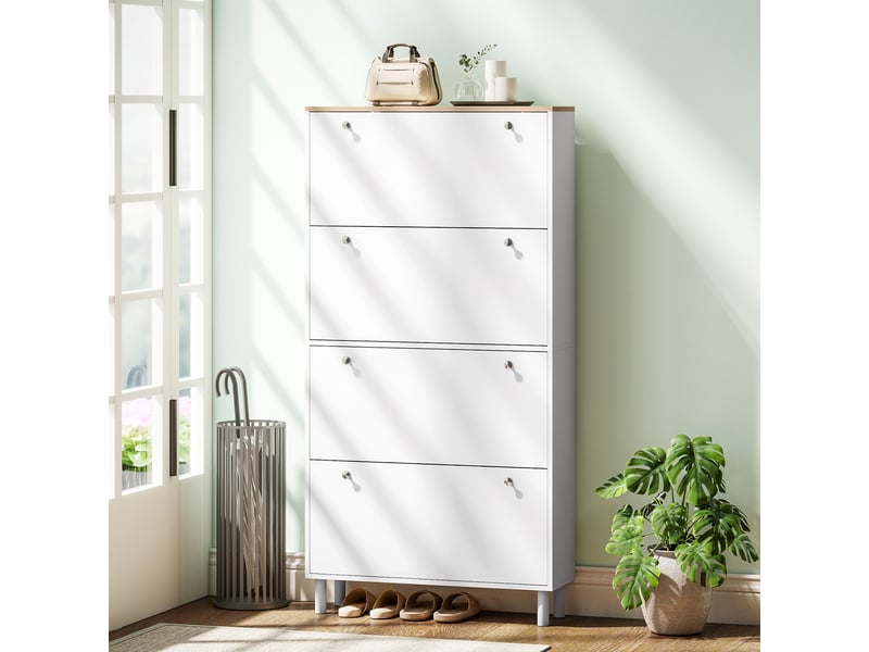  Meuble à chaussures 32 paires avec 4 tiroirs rabattables, étagères réglables, moderne, 80 x 23,5 x 157 cm, blanc  - Conforama C