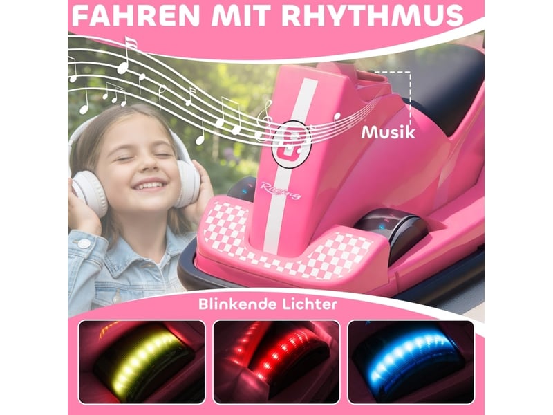  Auto-tamponneuse pour enfants 74x53x48 cm 360°, volant, led, musique, métal, rose  - Conforama D