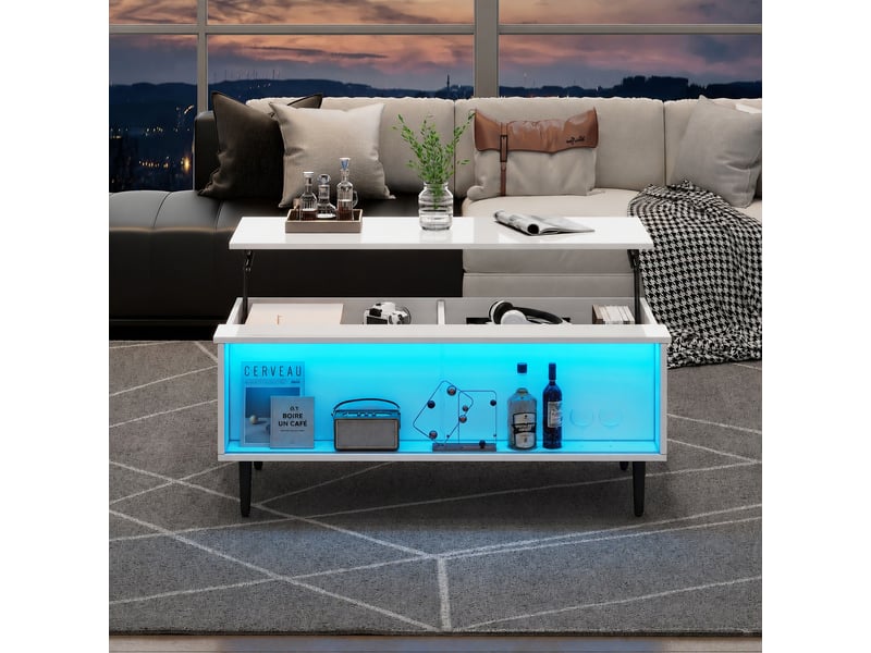  Table basse relevable jusqu'à 58 cm, rangement caché, led, verre trempé, 105 x 50 cm, blanc  - Conforama C