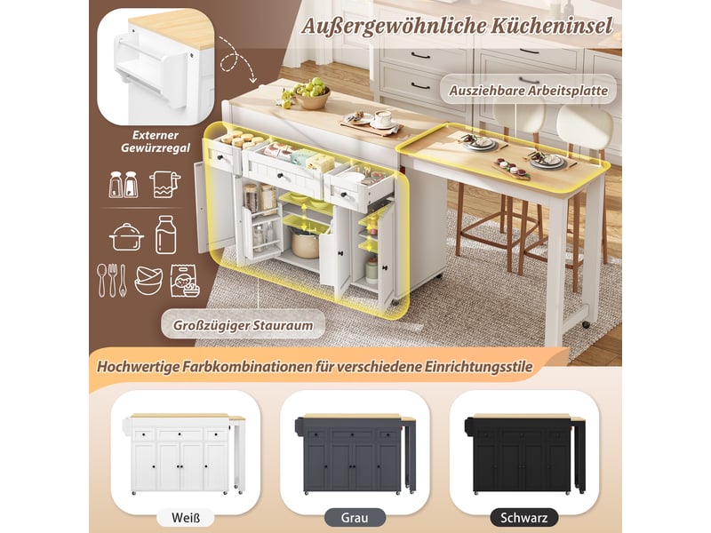  Îlot de cuisine sur roulettes extensible avec 3 tiroirs blanc  - Conforama D