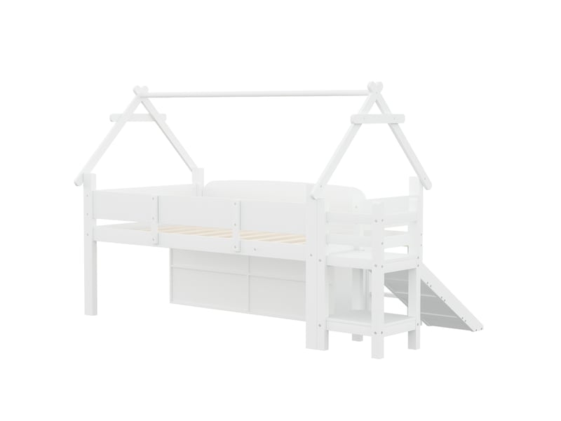 Lit mezzanine 90x200 cm, toboggan, coin jeu et barrières de sécurité, 2 tiroirs, bois, couleur blanc - Conforama E