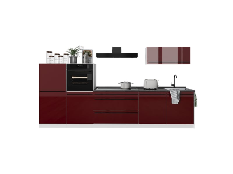  Vicco cuisine, rouge brillantblanc, 340cm plan de travail chêne doré  - Conforama E