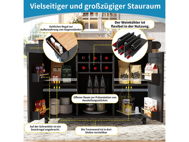  Îlot de cuisine noir 102x45 cm – plan de travail et rangements intégrés, meuble cuisine moderne  - Conforama E