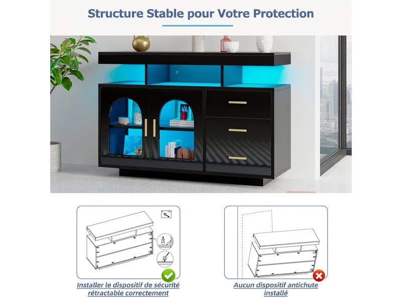 Buffet noir brillant 120 cm avec led rgb - meuble de rangement salon et cuisine - Conforama E