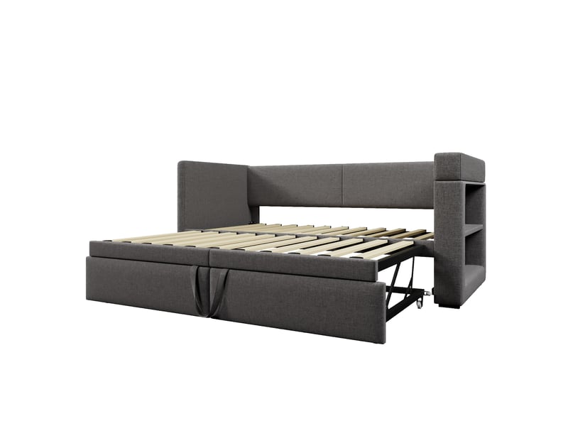  Canapé-lit 90x200 cm, lit enfant, couchage d'appoint, couchage gigogne extensible, lin gris, usb et usb-c  - Conforama B