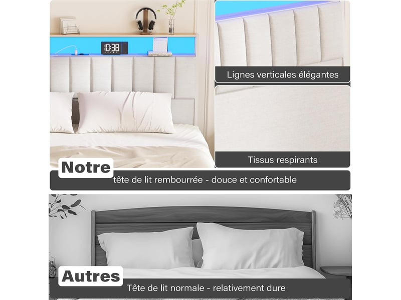  Ensemble matelas et sommier 140x200, surmatelas épaisseur 30 cm, fermeté moyenne, cadre de lit avec base en métal, avec lumières led et prises multiples, avec blanc casier  - Conforama D