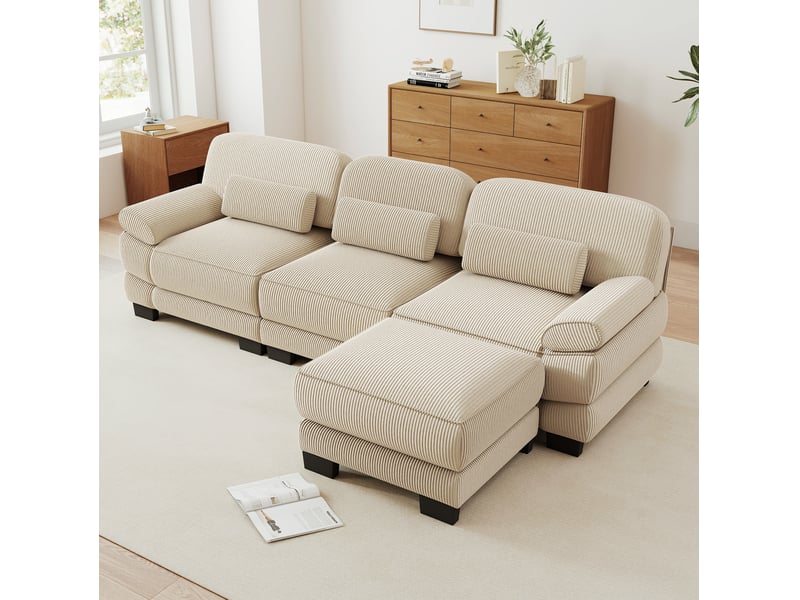 Canapé modulable tcqpz 3 places en l avec pouf 265 x 161 x 94 cm velours côtelé beige - Conforama E