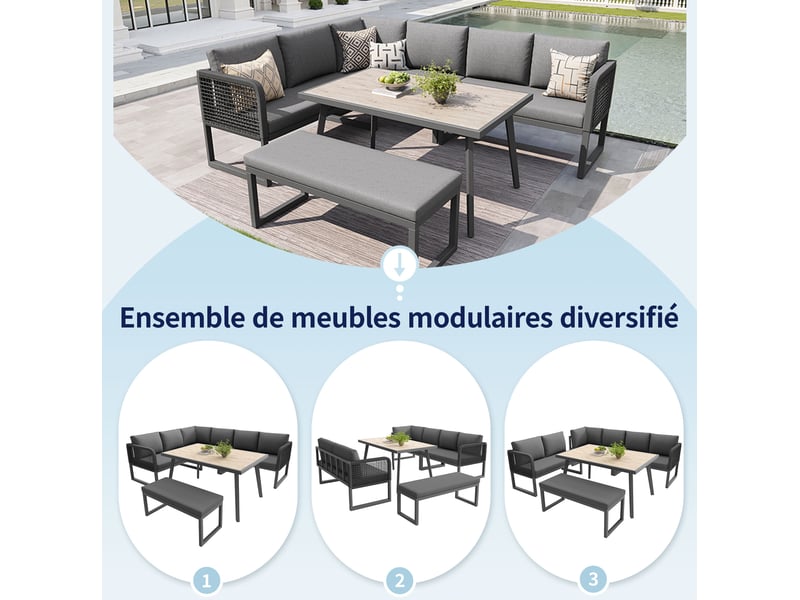  Salon de jardin modulable 6 à 8 places, table 110x60x71 cm, coussins lavables, rotin pe, verre et tissu, gris  - Conforama D